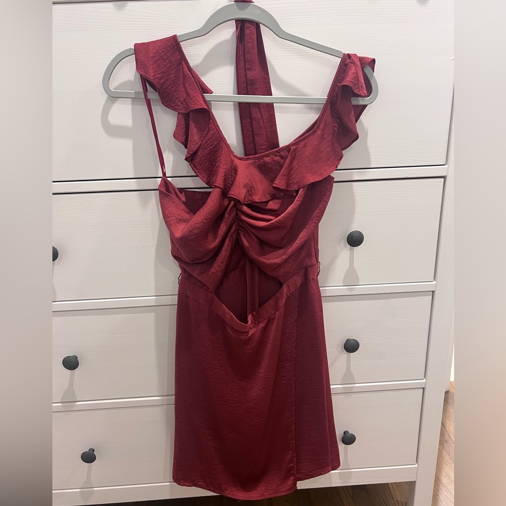 Fletch Brand Garnet Satin off the shoulder mini dress. Size Small.